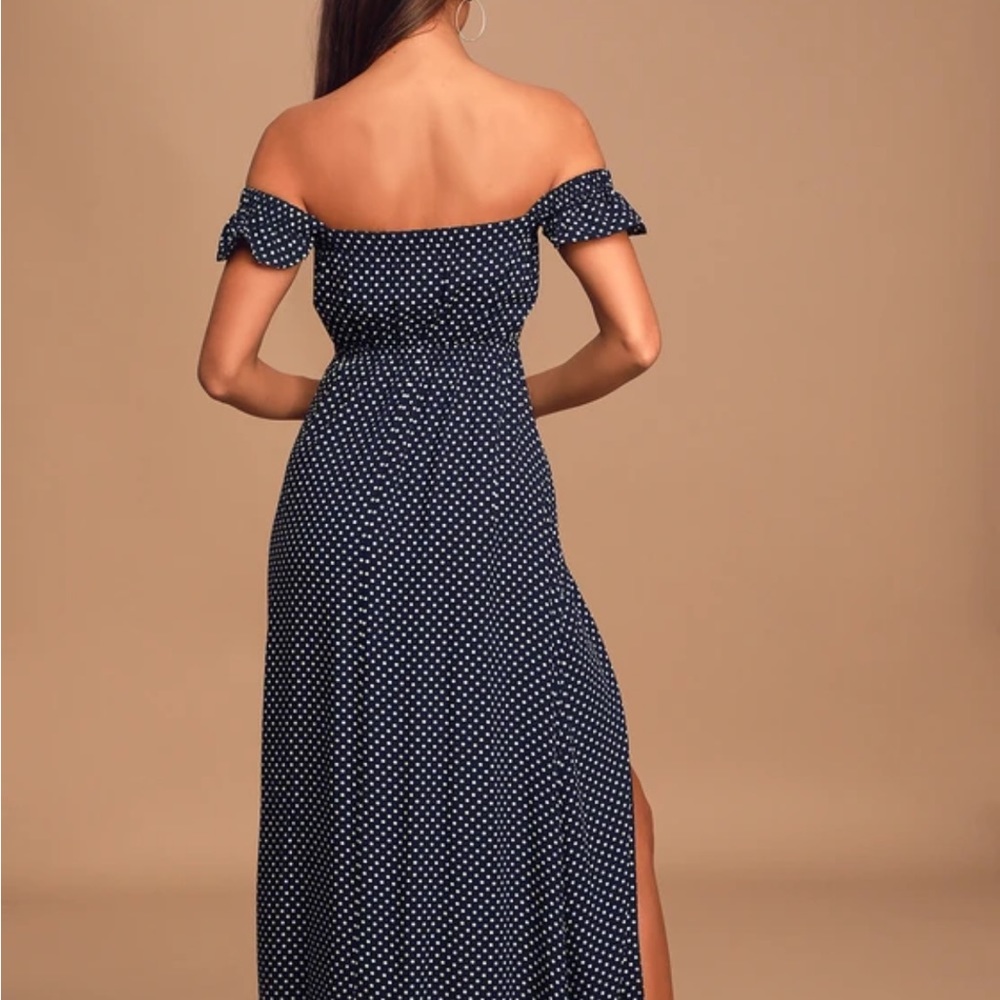Lulus Dream Love Navy Blue Polka Dot Off-the-Shoulder Maxi Dress - Picture 4 of 10